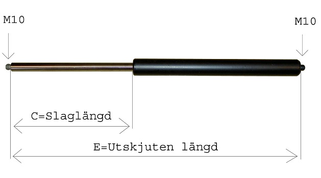 Gasfjäder E=585 mm 350N Kulled-Kulled